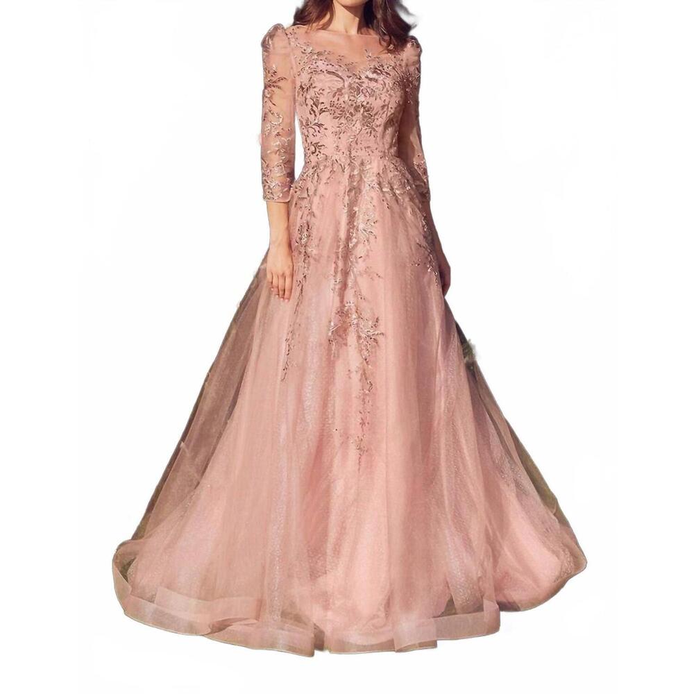 NEW ANDREA & LEO COUTURE sheer sleeve bateau neck dress in dusty rose